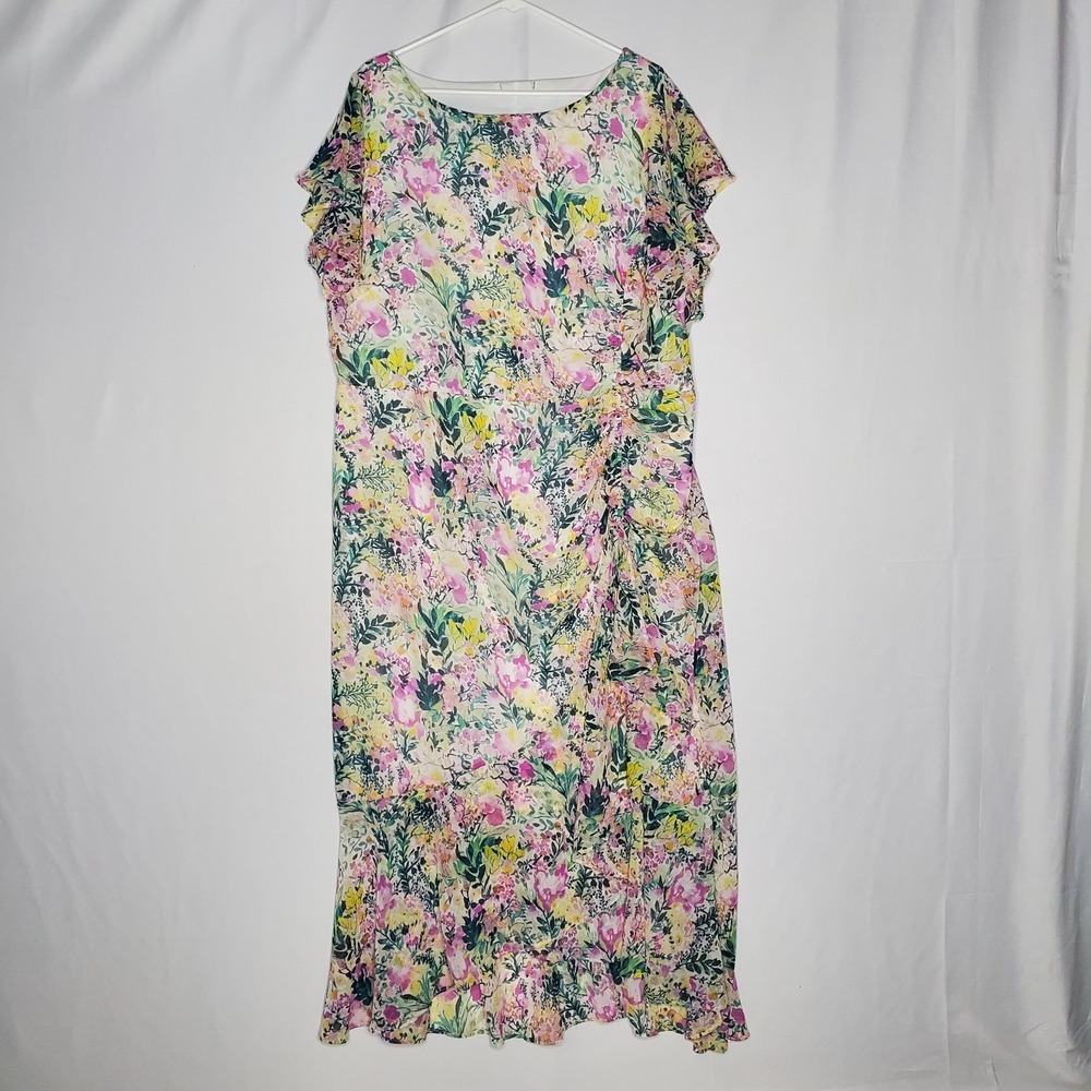 Cato Maxi Dress 3X 22/24W Pastel Ditsy Tea Floral Flutter Lined Ruched Feminine